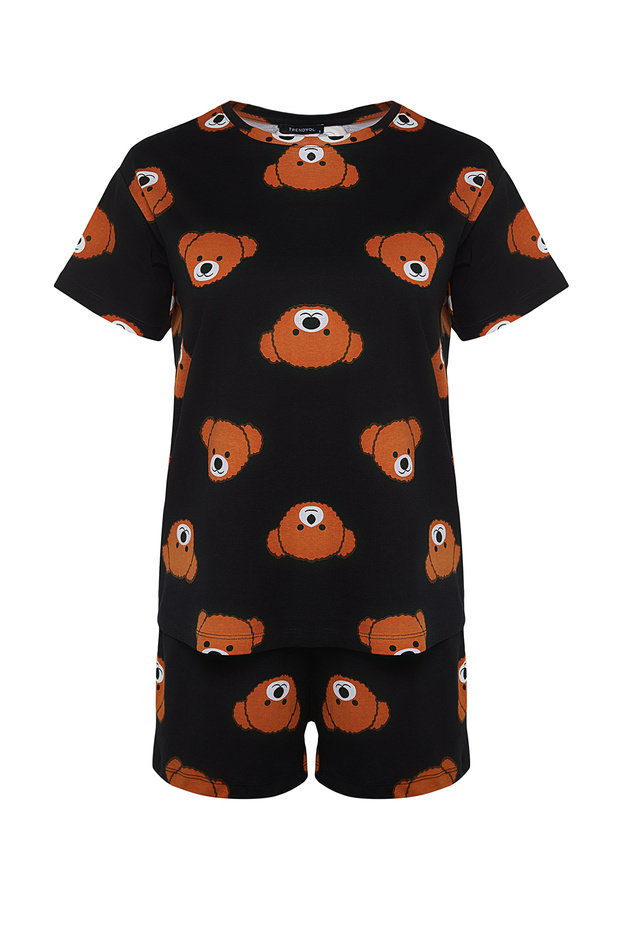 Kadın Family/Aile Siyah %100 Pamuklu Ayıcıklı Şortlu Örme Pijama Takımı THMSS23PT00005 - 9