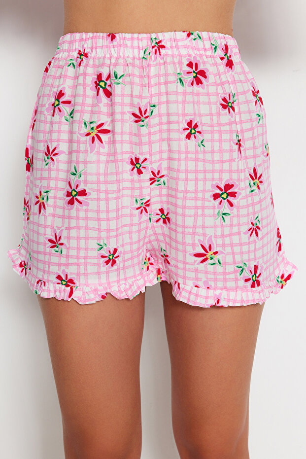 Kadın Mini Me/Anne Kız Pembe Çiçekli Fırfırlı Viskon Şortlu Dokuma Pijama Takımı THMSS23PT00167 - 9