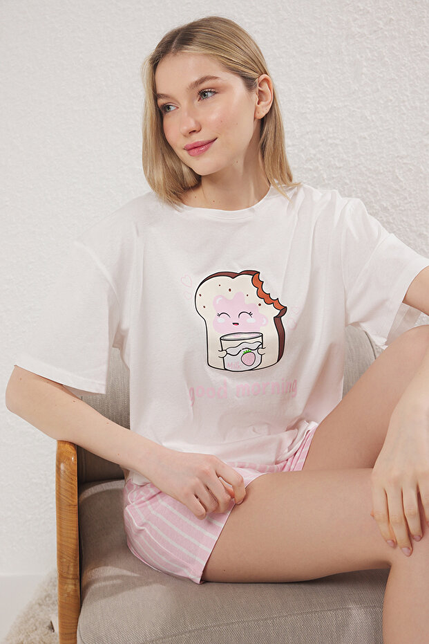 Kadın Mini Me/Anne Kız Beyaz %100 Pamuklu Çizgili Baskılı Şortlu Örme Pijama Takımı THMSS25PT00353 - 5