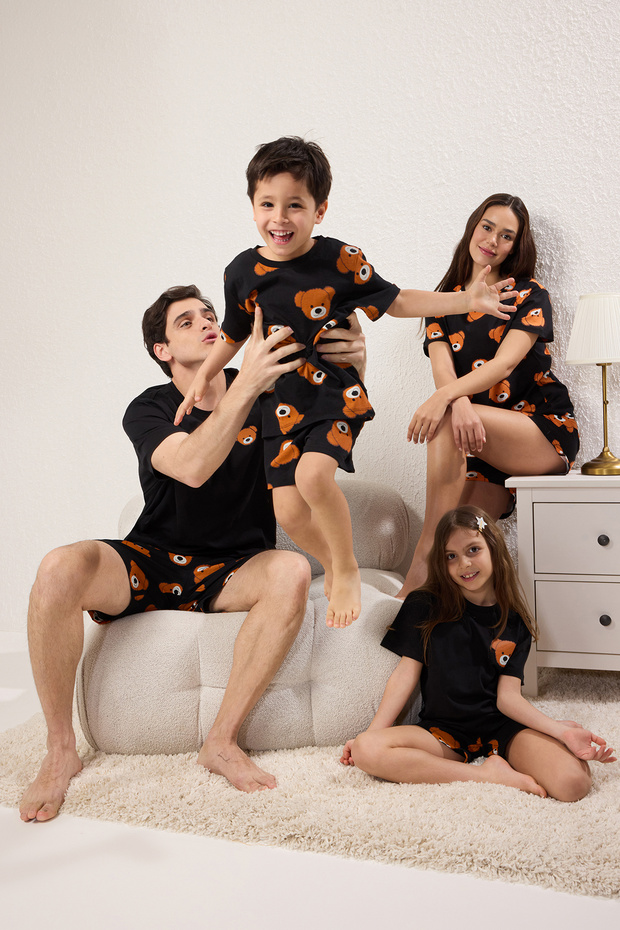 Kadın Family/Aile Siyah %100 Pamuklu Ayıcıklı Şortlu Örme Pijama Takımı THMSS23PT00005 - 1