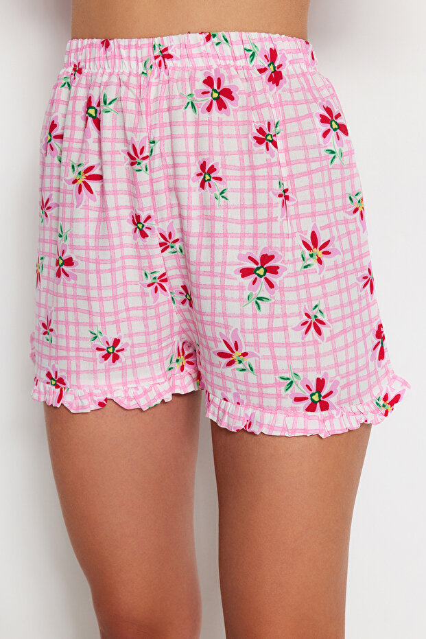 Kadın Mini Me/Anne Kız Pembe Çiçekli Fırfırlı Viskon Şortlu Dokuma Pijama Takımı THMSS23PT00167 - 7