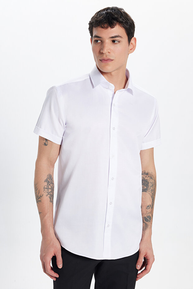 Slim Fit Short Sleeve Plain Cotton Tie Collar Men's White Shirt