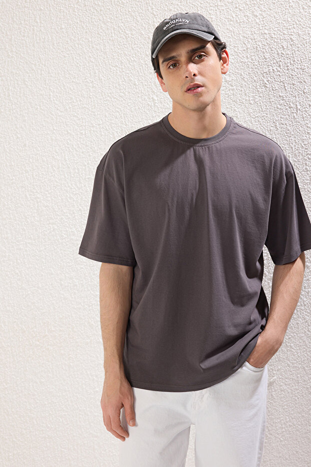 Mavi-Antrasit Oversize/Geniş Kesim 2'li Paket Baskılı-Düz %100 Pamuk T-Shirt TMNSS25TS00212 - 10