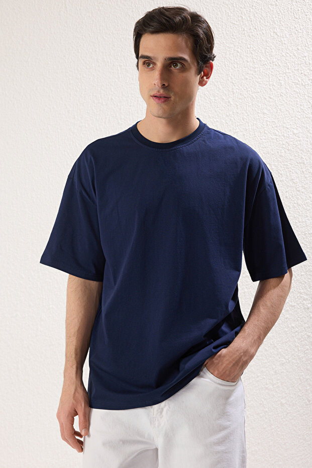 Lacivert-Bej Oversize/Geniş Kesim 2'li Paket Yazı Baskılı-Düz %100 Pamuk T-Shirt TMNSS25TS00215 - 12