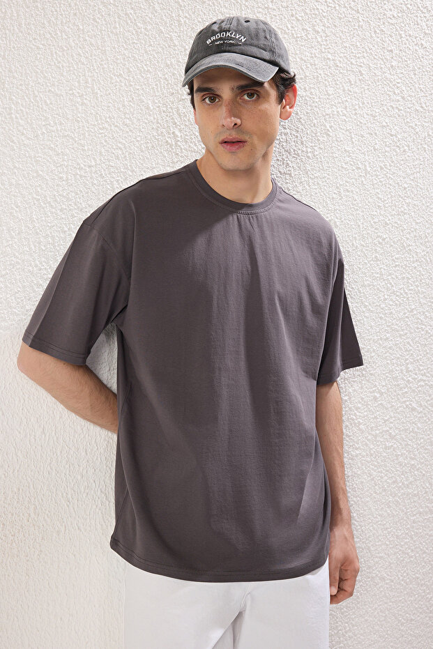 Mavi-Antrasit Oversize/Geniş Kesim 2'li Paket Baskılı-Düz %100 Pamuk T-Shirt TMNSS25TS00212 - 6