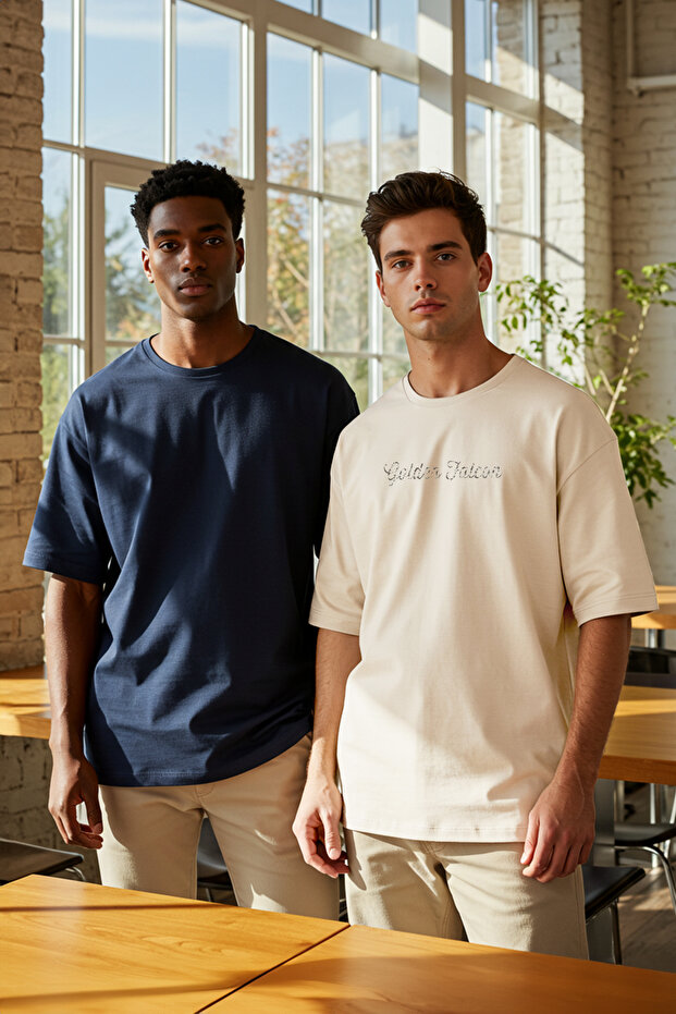 Lacivert-Bej Oversize/Geniş Kesim 2'li Paket Yazı Baskılı-Düz %100 Pamuk T-Shirt TMNSS25TS00215 - 2