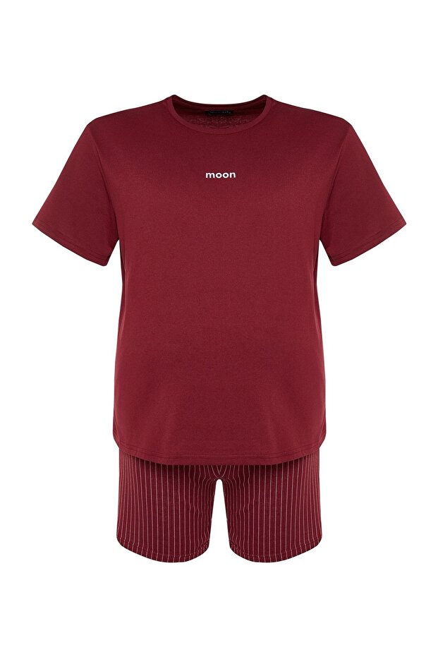 Büyük Beden Bordo Regular Fit Rahat Baskılı Şortlu Pijama Takımı TMNSS23PT00014 - 8