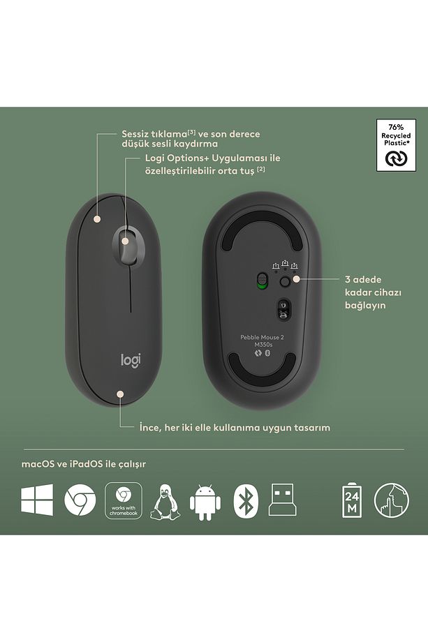 Pebble 2 Set Çoklu Cihaz Özellikli Sessiz Kablosuz Türkçe Q Klavye ve Mouse Seti - Siyah - 7