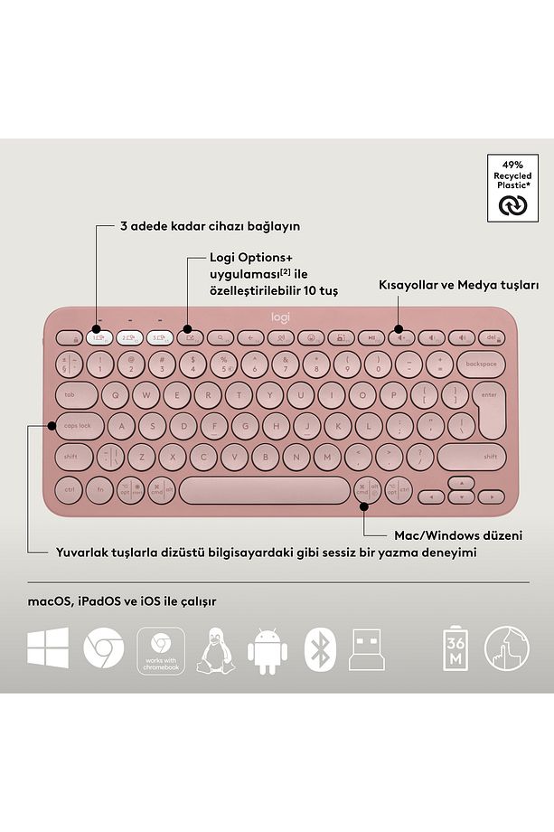 Pebble 2 Set Çoklu Cihaz Özellikli Sessiz Kablosuz Türkçe Q Klavye ve Mouse Seti - Pembe - 7