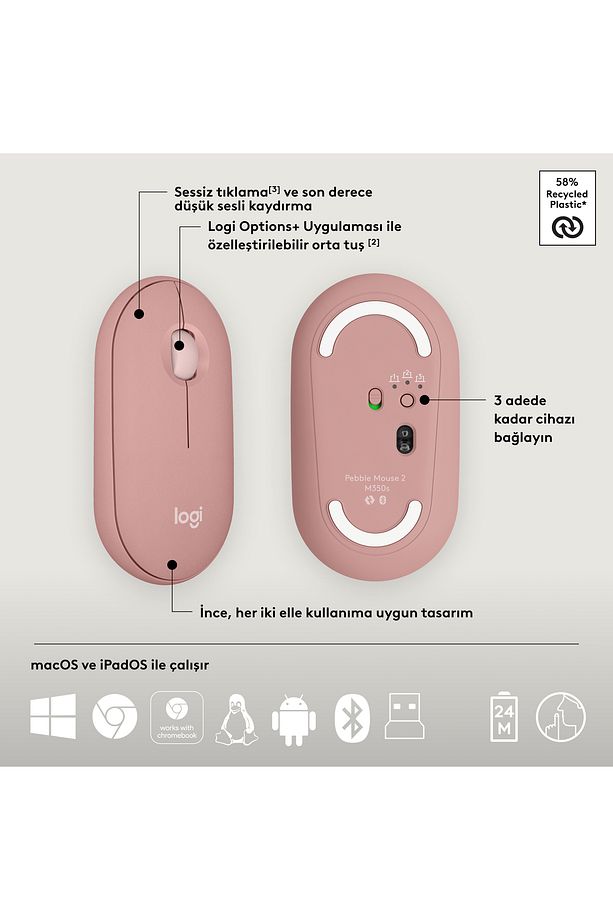 Pebble 2 Set Çoklu Cihaz Özellikli Sessiz Kablosuz Türkçe Q Klavye ve Mouse Seti - Pembe - 8