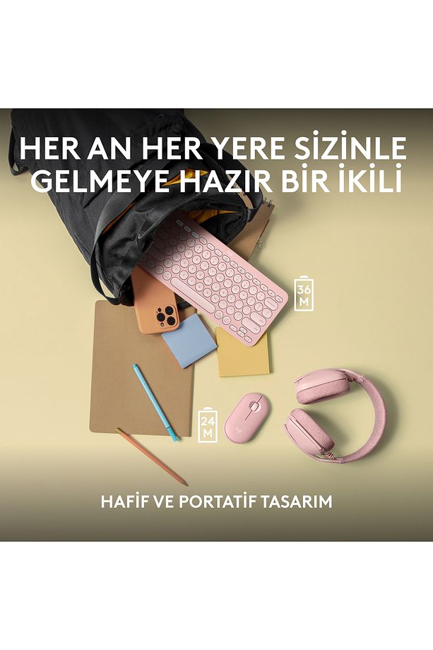 Pebble 2 Set Çoklu Cihaz Özellikli Sessiz Kablosuz Türkçe Q Klavye ve Mouse Seti - Pembe - 10