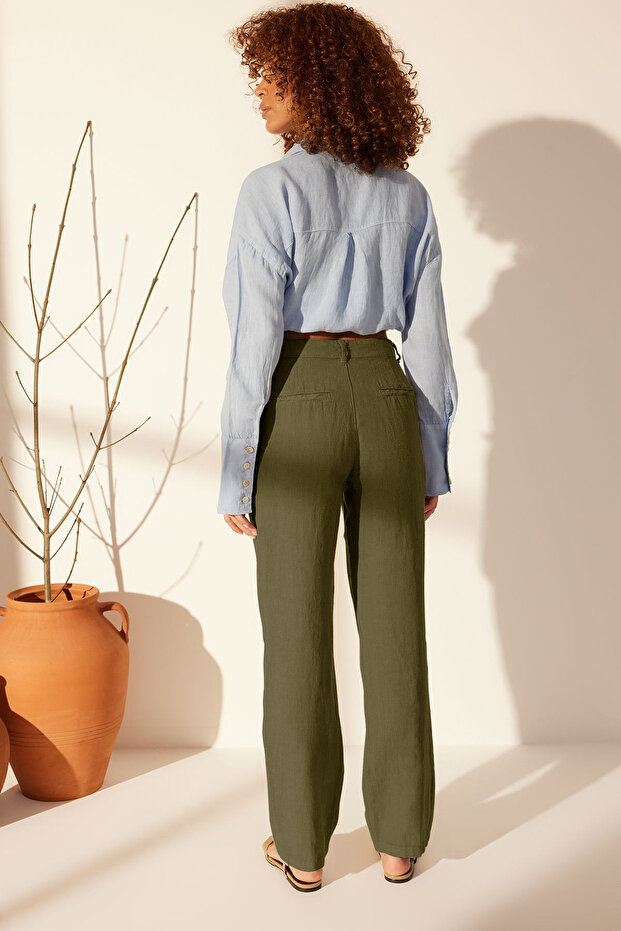 Haki %100 Keten Yüksek Bel Wide Leg Pantolon TWOSS24JE00246 - 8