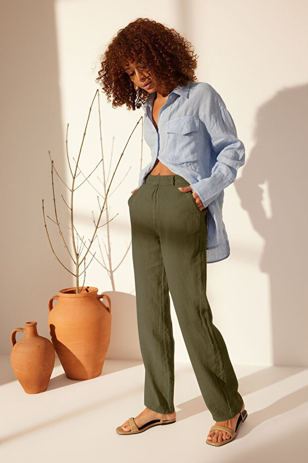 Haki %100 Keten Yüksek Bel Wide Leg Pantolon TWOSS24JE00246 - 6