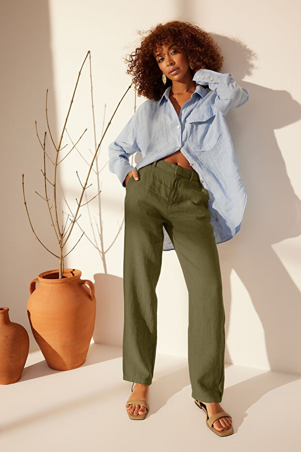 Haki %100 Keten Yüksek Bel Wide Leg Pantolon TWOSS24JE00246 - 7