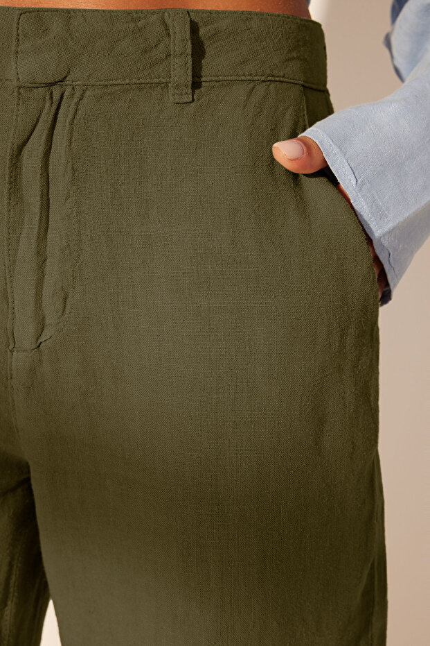 Haki %100 Keten Yüksek Bel Wide Leg Pantolon TWOSS24JE00246 - 10