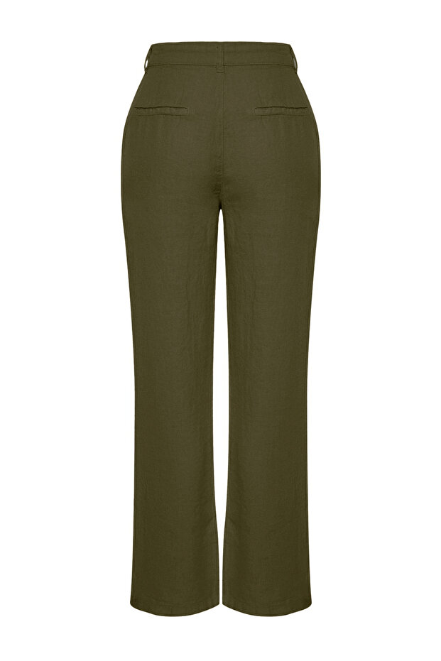 Haki %100 Keten Yüksek Bel Wide Leg Pantolon TWOSS24JE00246 - 12
