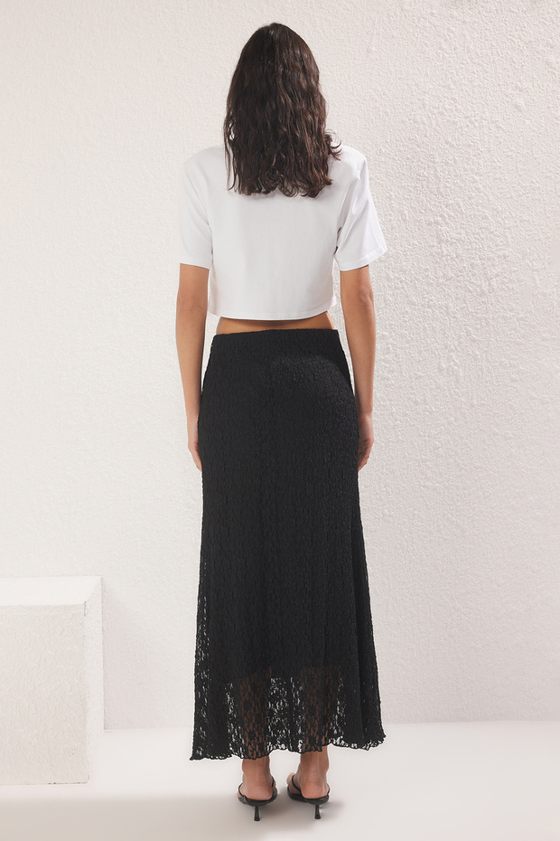 Siyah A Line Astarlı Dantel Maxi Esnek Örme Etek TWOSS25ET00149 - 4
