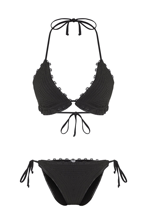 Siyah Üçgen Kaplı Regular Düşük Bel Bikini Takımı TBESS25BT00141 - 5