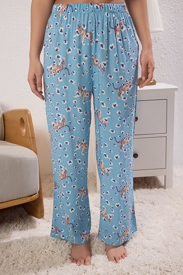 Mavi Hayvan Desenli İp Askılı Viskon Dokuma Pijama Takımı THMSS25PT00084 - 3