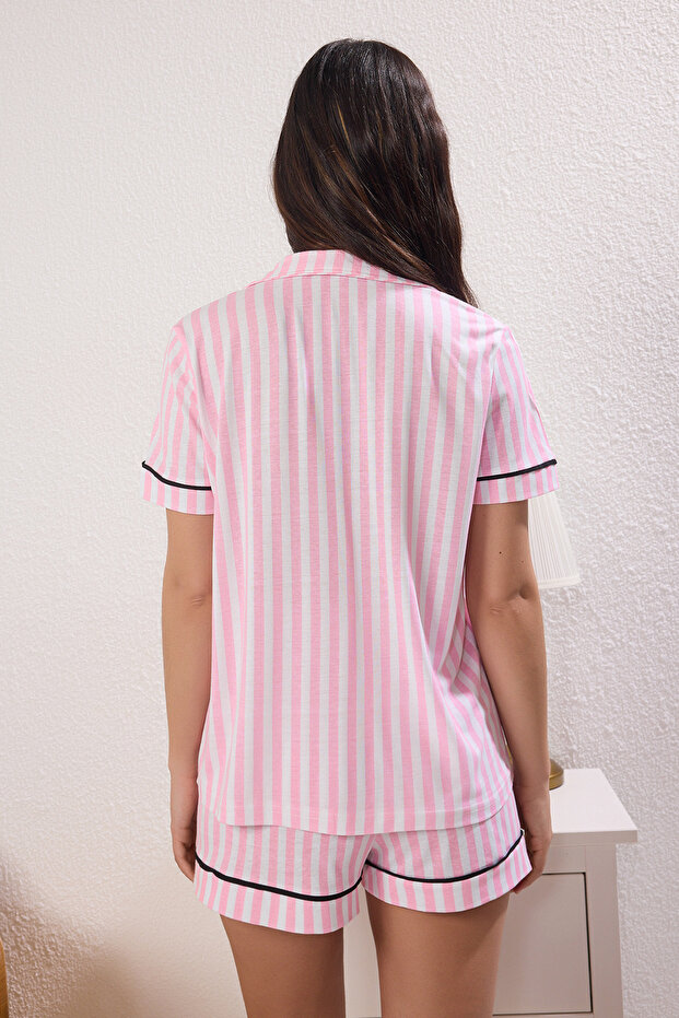 Pembe %100 Pamuklu Çizgili Biyeli Şortlu Örme Pijama Takımı THMSS25PT00416 - 4
