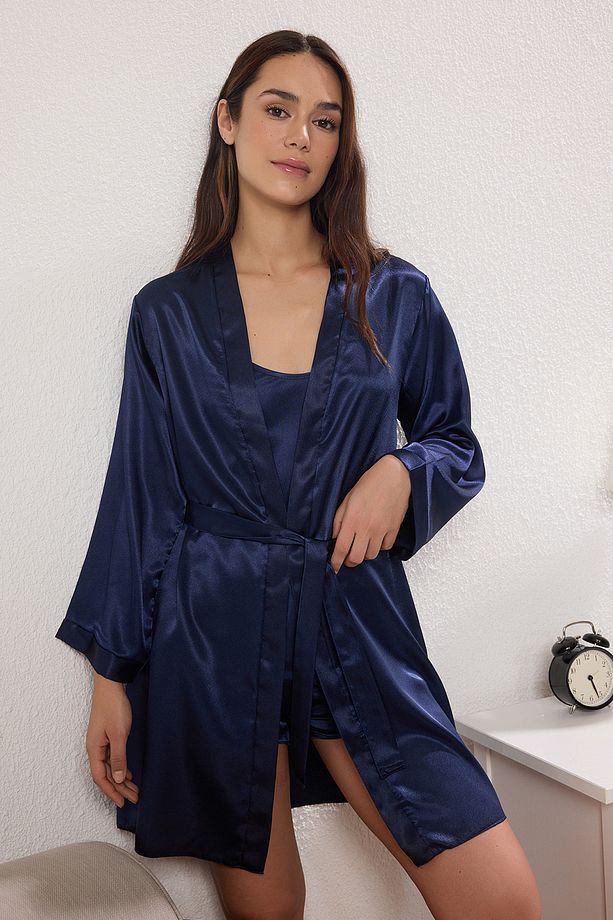 Lacivert 3'lü Paket Saten Dokuma Sabahlık + Pijama Takımı THMSS25PT00415 - 4