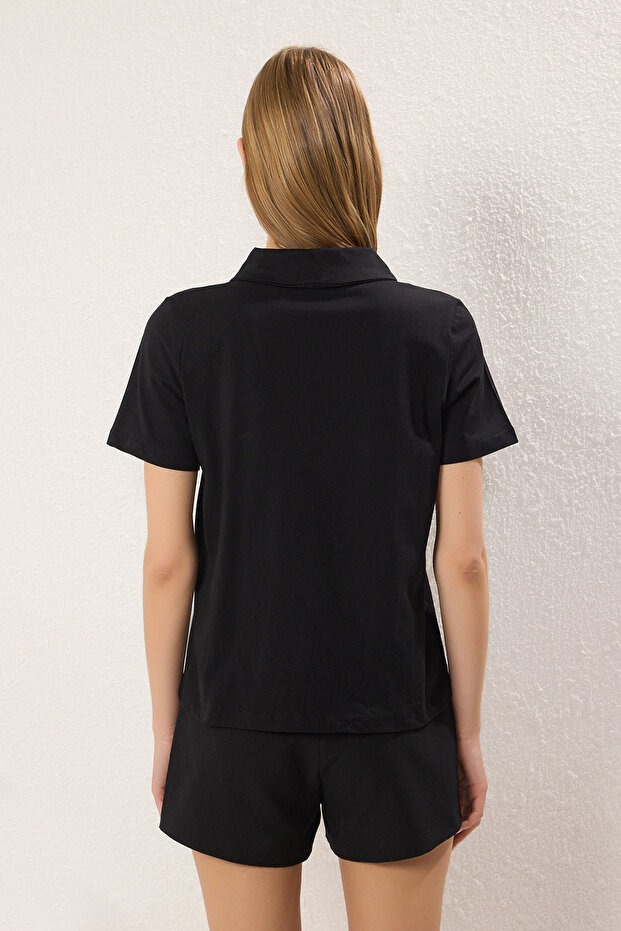 Siyah Kalın Pamuklu Polo Yaka Taş Detaylı Regular/Normal Kalıp Örme T-Shirt TWOSS25TS00052 - 4