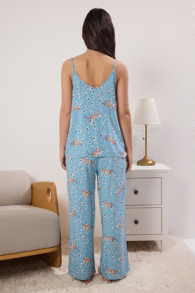 Mavi Hayvan Desenli İp Askılı Viskon Dokuma Pijama Takımı THMSS25PT00084 - 4