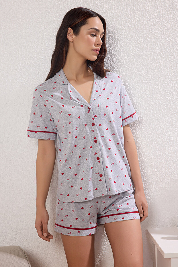 Gri Melanj %100 Pamuklu Kalpli ve Sloganlı Şortlu Örme Pijama Takımı THMSS25PT00405 - 1