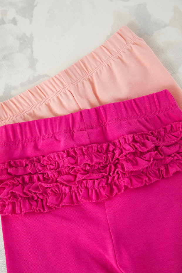 Pembe-Fuşya 2'li Kız Bebek Pamuklu Fırfır Detaylı Örme Tayt TKDSS25TA00016 - 3
