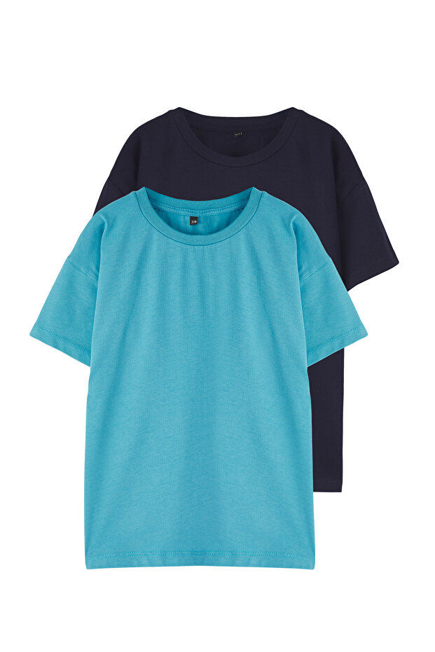 Lacivert-Mavi 2'li Erkek Çocuk Pamuklu Basic Oversize Kalıp Kısa Kol Örme T-Shirt TKDSS25TS00052 - 3