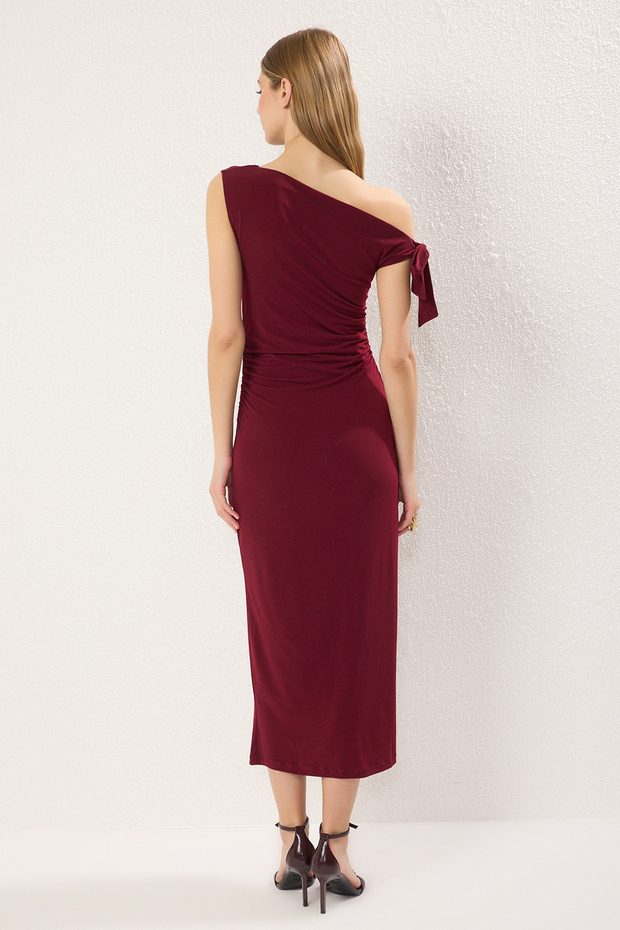 Bordo Fitted/Vücuda Oturan Örme Maxi Esnek Kalem Elbise TWOSS24EL00563 - 4