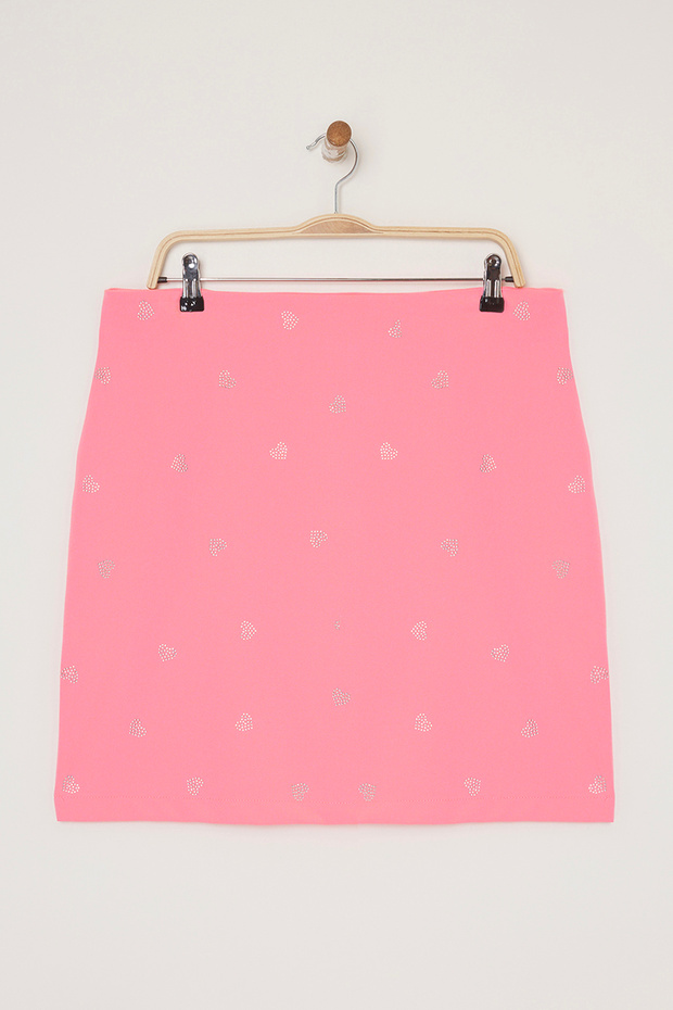 Pembe Kalp Desenli Taşlı Mini Dokuma Büyük Beden Etek TBBSS25AZ00011 - 5