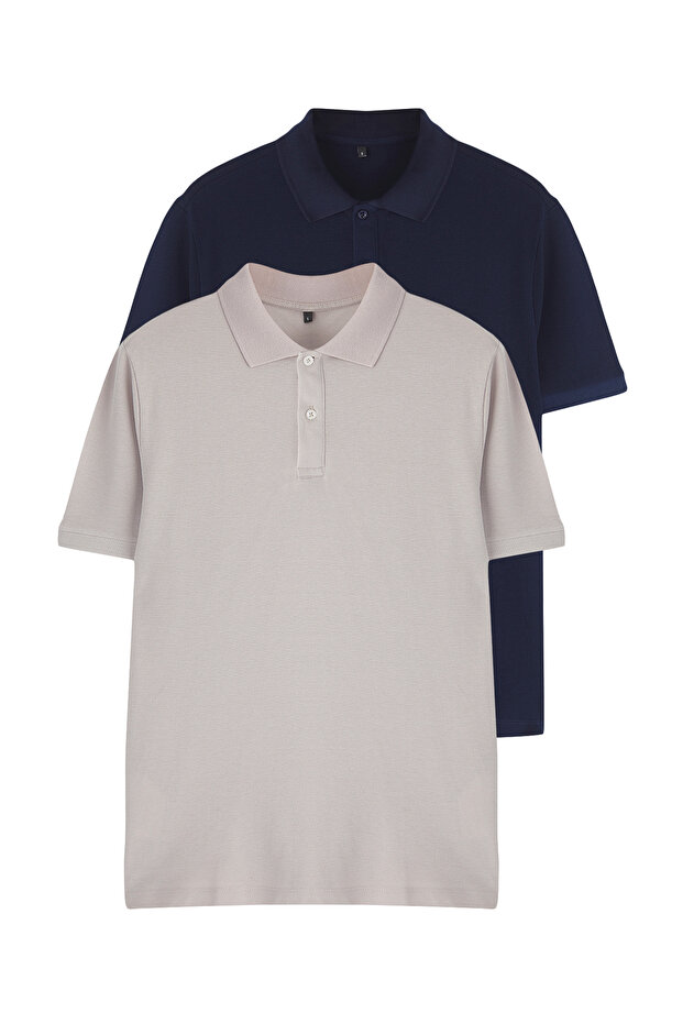 Lacivert-Gri 2'li Regular/Normal Kesim %100 Pamuklu Polo Yaka T-shirt - 2