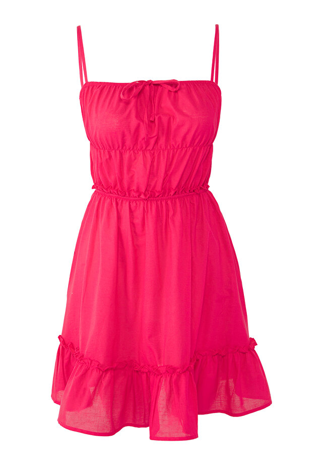 Pembe Dokuma Volanlı %100 Pamuk Plaj Mini Elbise TBESS25EL00120 - 5