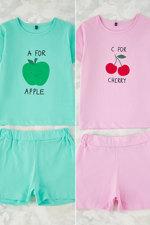 Pembe-Mint 4'lü Kız Çocuk %100 Pamuk Slogan Baskılı Kısa Kol Örme Alt-Üst Takım TKDSS25AU00112 - 1