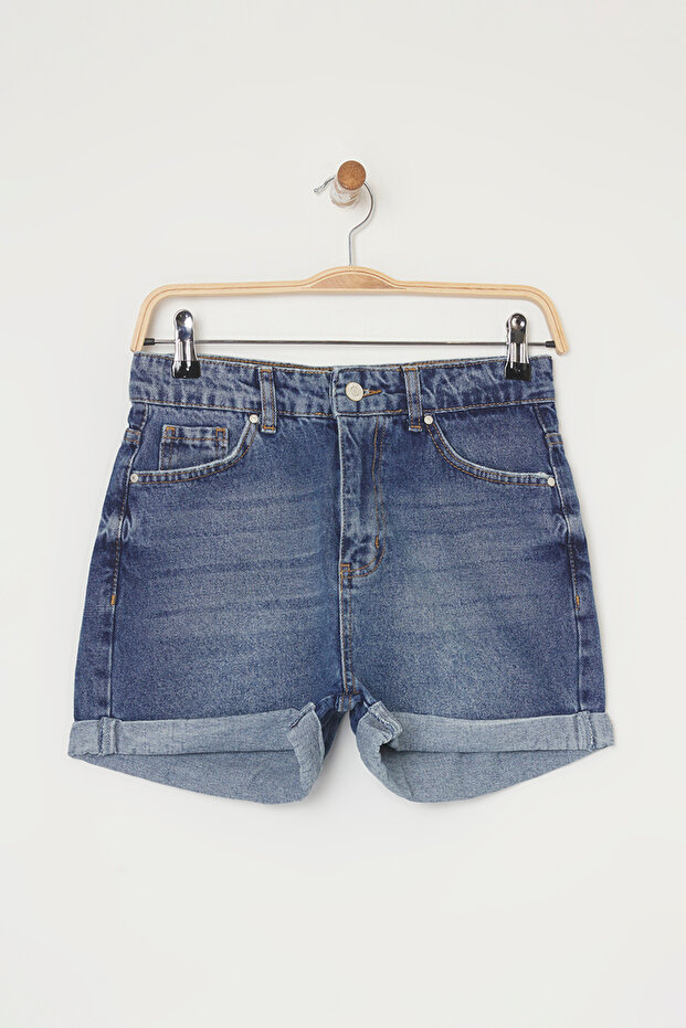 Koyu Mavi Yüksek Bel Paça Katlamalı Mini Denim Şort TWOSS25SR00170 - 5