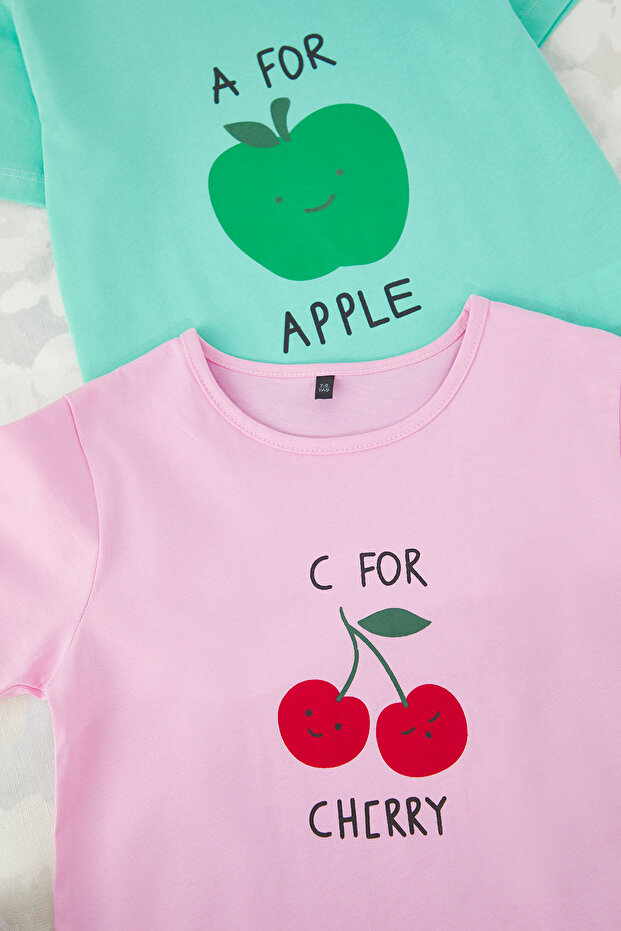 Pembe-Mint 4'lü Kız Çocuk %100 Pamuk Slogan Baskılı Kısa Kol Örme Alt-Üst Takım TKDSS25AU00112 - 4
