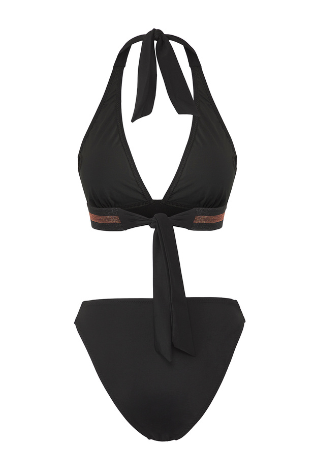 Siyah Şeritli Üçgen Kaplı Regular Normal Bel Bikini Takımı TBESS25BT00172 - 6
