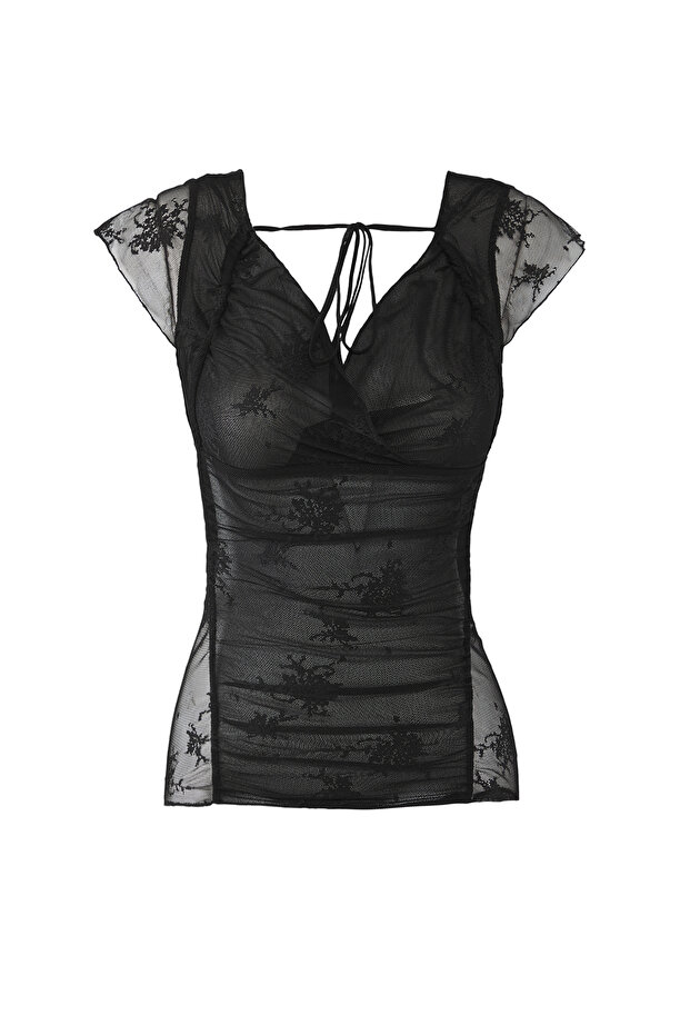 Siyah Tül Fitted/Vücuda Oturan Bağlama Detaylı Esnek Örme Bluz TWOSS25BZ00465 - 5