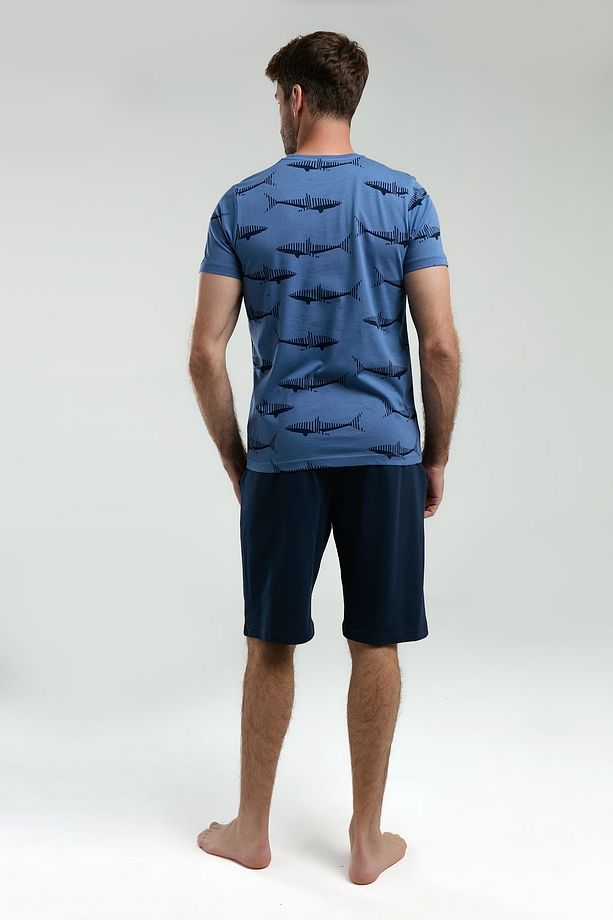 Erkek Mavi Shark Desenli Kısa Kol Şort Pijama Takımı (Baba-Oğul Takım Yapılabilir) - 4