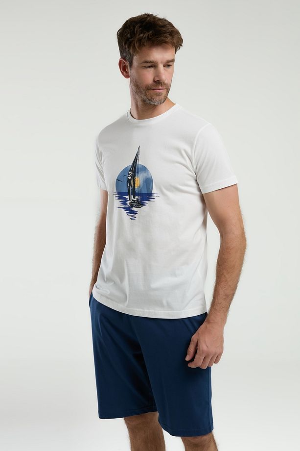 Erkek Beyaz Sailboat Kısa Kol Şort Pijama Takımı (Baba-Oğul Takım Yapılabilir) - 4