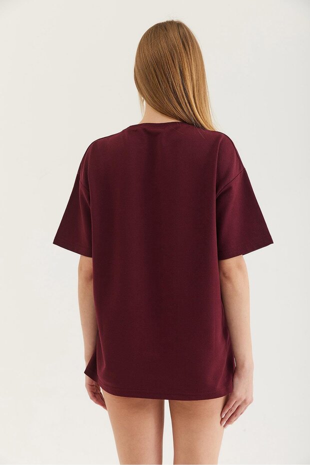 Kurdele Baskı Detaylı Basic T-Shirt Bordo - 2