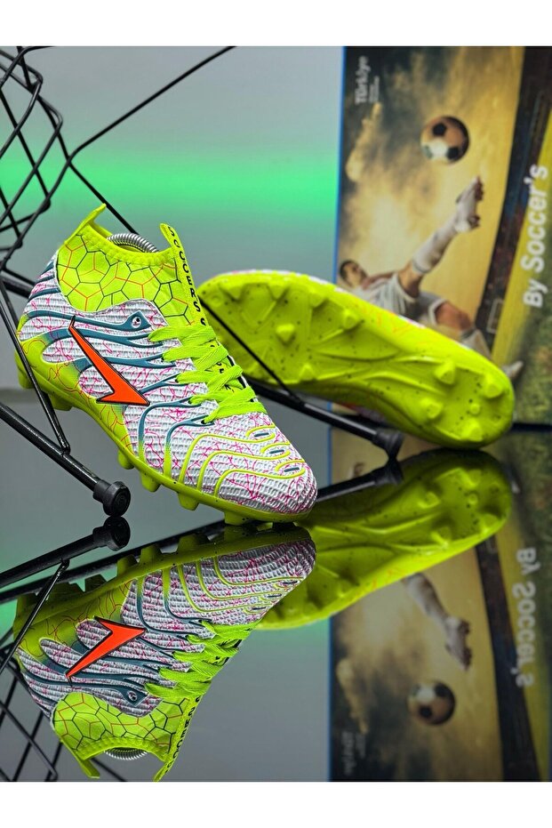 White Yellow Football Shoes with Spiked Laces and Crampon Socks for Air Carpeted Fields and Grass Grounds 2060Kr