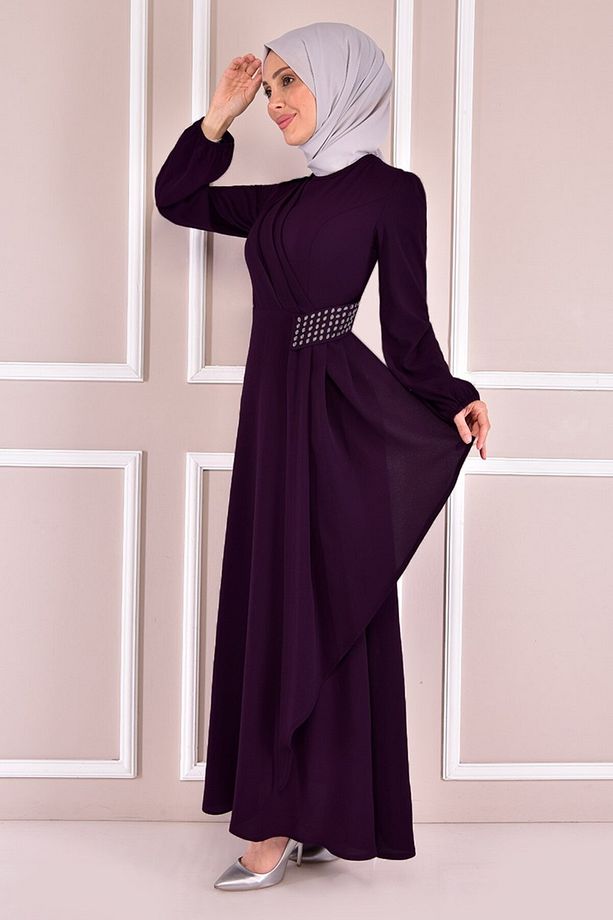 Taş Detay Elbise Mürdüm Asm2507 - 3