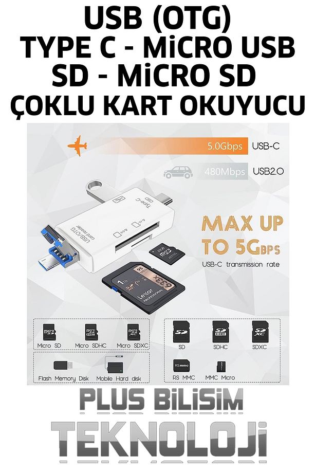 Type C, Micro USB, USB, Otg 6 in 1 Kart Okuyucu Adaptör Usb Otg Hub Type C Çoklu Plus Bilişim - 3