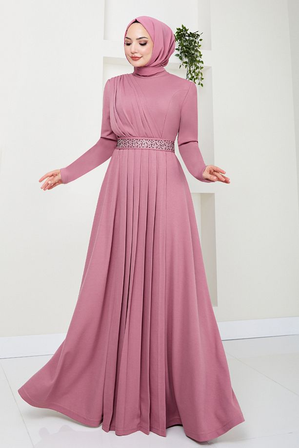 Kemeri Taş İşlemeli Elbise 278DVL897-M Gül Kurusu - 3