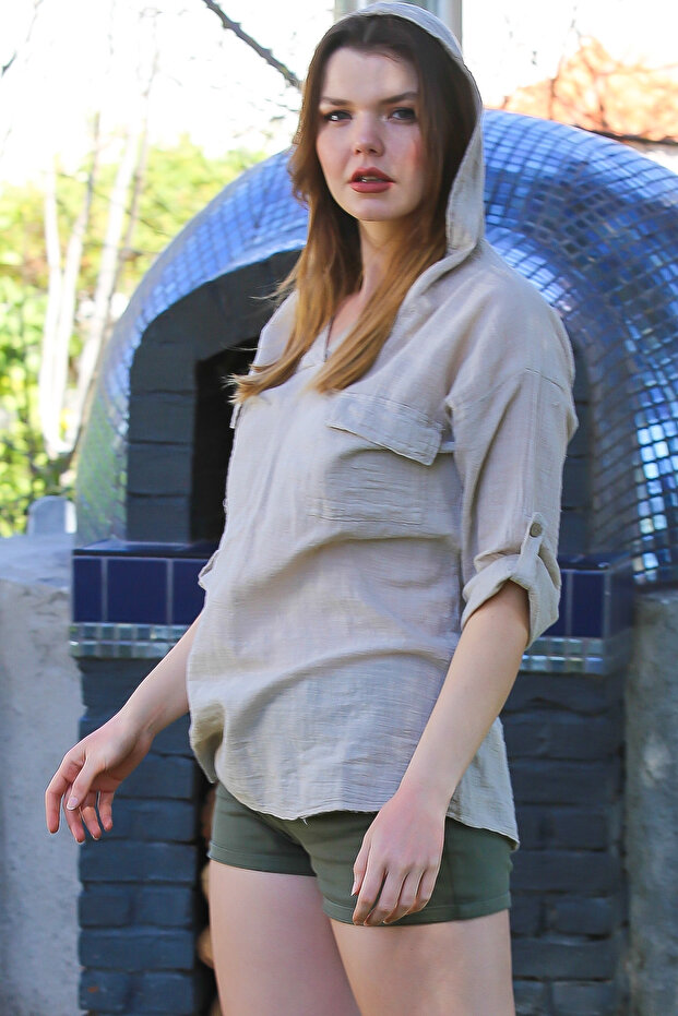 Stone Color Hooded Buttoned Long Sleeve Double Flap Pockets Washed Casual Woven Blouse 72 62