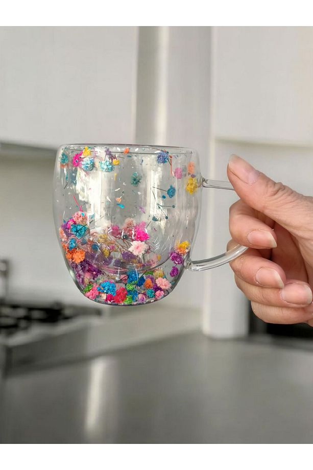 Kurutulmuş çiçeklerle süslenmiş çift cidarlı borosilikat cam Çay ve kahve kupası 250ml - 1