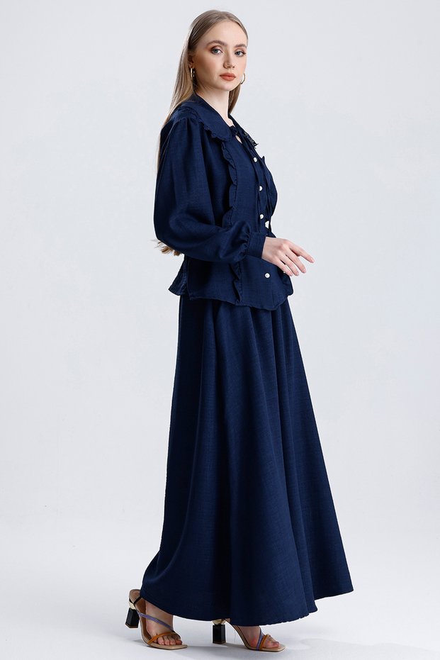 Women's Baby Collar Lace Detailed Tie-Up Blouse and Bell Skirt Double Linen Set