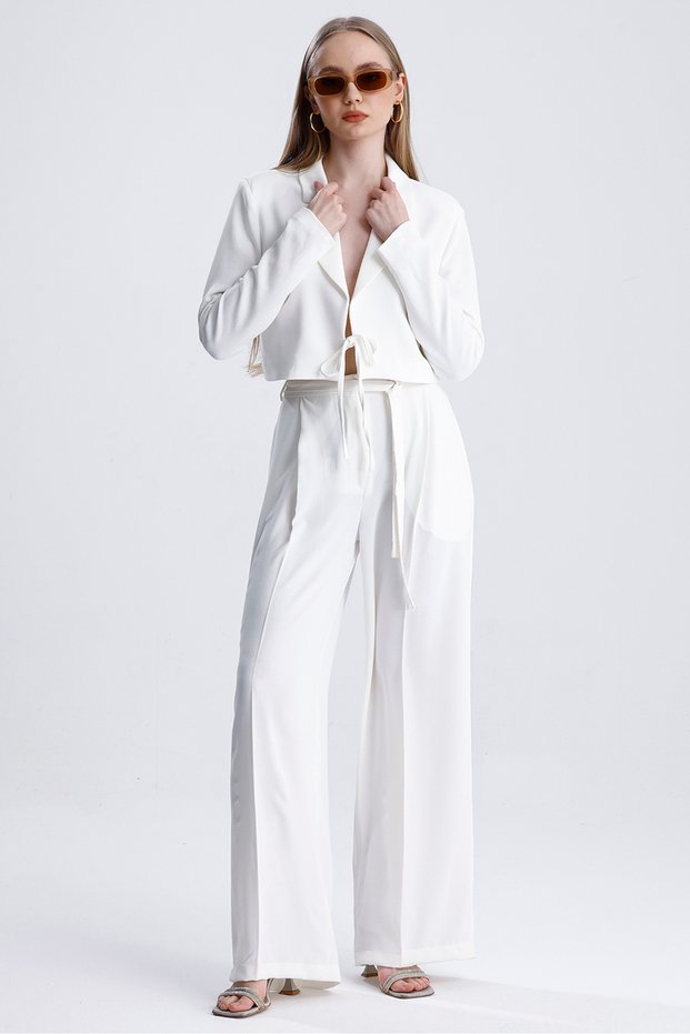 Women's Tied Crop Jacket and Belted Palazzo Trousers Two Piece Set